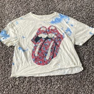 Cropped Rolling Stones white and blue tie dyed t-shirt with red floral tongue.